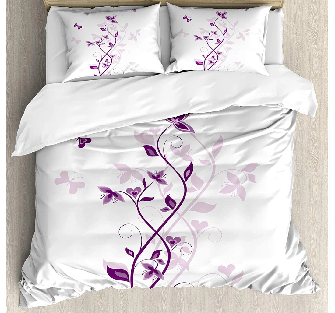 Bedding Set - Purple Violet Tree Swirling Persian Lilac Blooms Butterfly Ornamental Plant Graphic, Purple White Included 1 Ultra Soft Duvet Cover or Quilt and 2 Lightweight Breathe Pillowcases