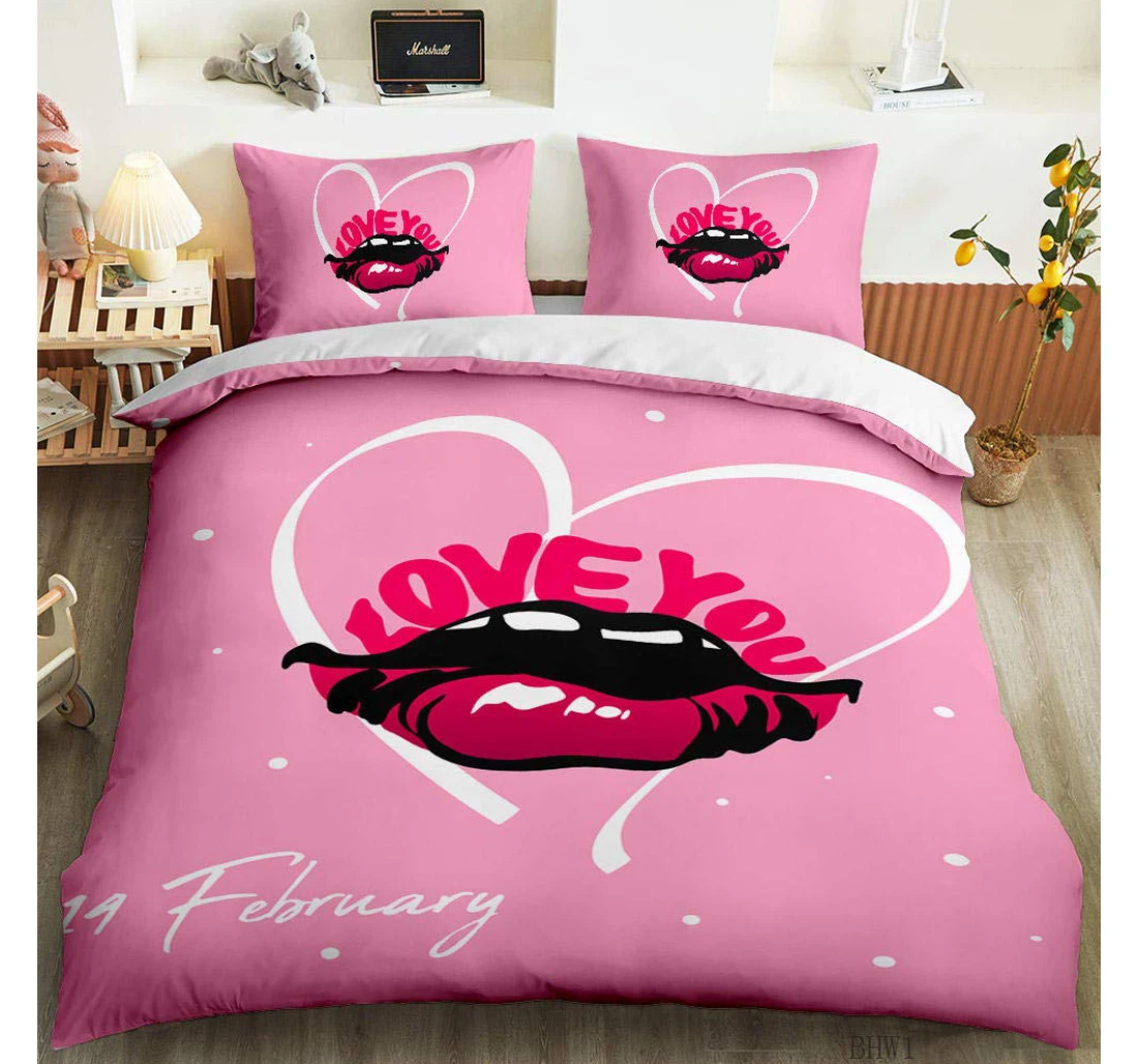 Bedding Set - Pink Love You Corner Ties Included 1 Ultra Soft Duvet Cover or Quilt and 2 Lightweight Breathe Pillowcases