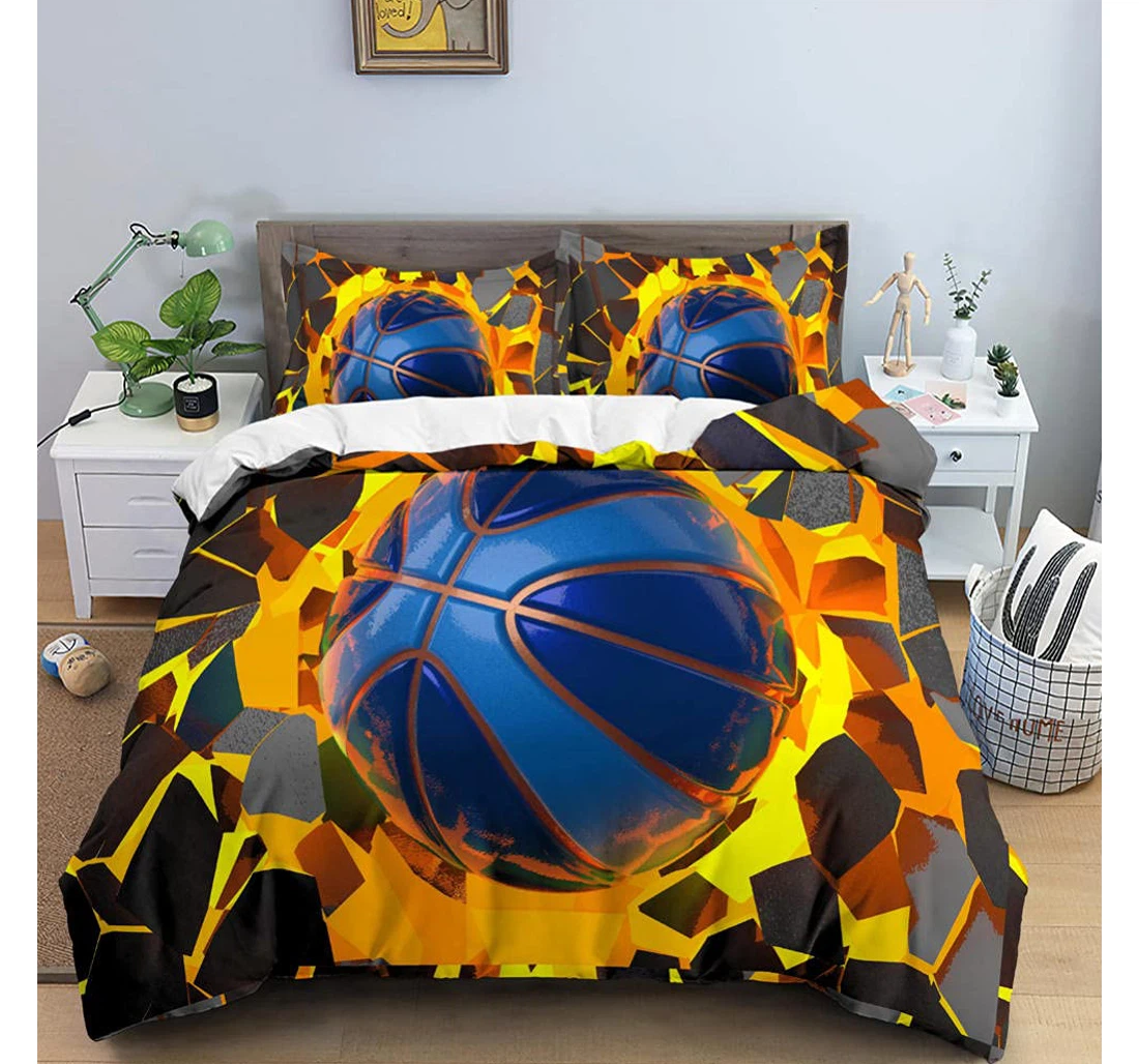 Bedding Set - Blue Basketball Corner Ties Included 1 Ultra Soft Duvet Cover or Quilt and 2 Lightweight Breathe Pillowcases