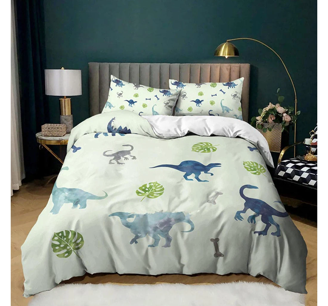 Bedding Set - Green Animated Dinosaur Corner Ties Included 1 Ultra Soft Duvet Cover or Quilt and 2 Lightweight Breathe Pillowcases