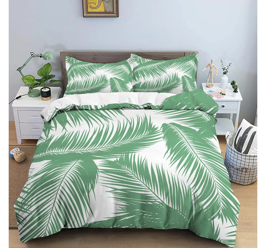 Bedding Set - Green Palm Leaf Hidden Included 1 Ultra Soft Duvet Cover or Quilt and 2 Lightweight Breathe Pillowcases