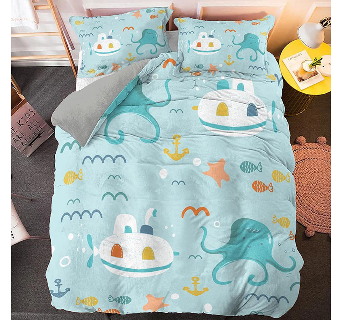 Bedding Set - Covers Blue Submarine Octopus Digital Teens Or Included 1 Ultra Soft Duvet Cover or Quilt and 2 Lightweight Breathe Pillowcases