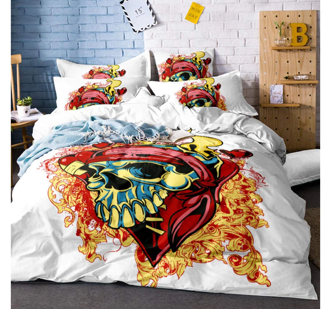 Bedding Set - White Skull Corner Ties Included 1 Ultra Soft Duvet Cover or Quilt and 2 Lightweight Breathe Pillowcases