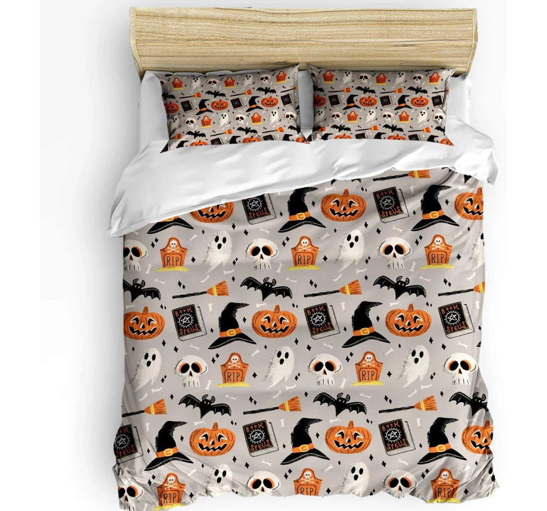 Bedding Set - Halloween Ghost Pumpkin Witch Hat Broom Magic Book Bats Included 1 Ultra Soft Duvet Cover or Quilt and 2 Lightweight Breathe Pillowcases