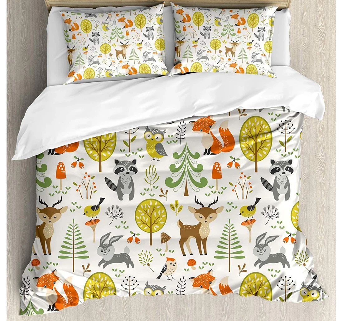 Bedding Set - Woodland Forest Animals Trees Birds Owls Fox Bunny Deer Raccoon Mushroom And, Childrenskidsteensadults Included 1 Ultra Soft Duvet Cover or Quilt and 2 Lightweight Breathe Pillowcases