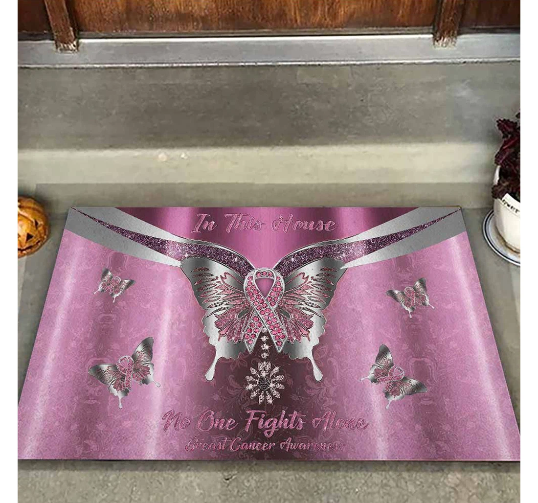 In This House No One Fights Alone - Breast Cancer Awareness Metal Pattern Print Doormat