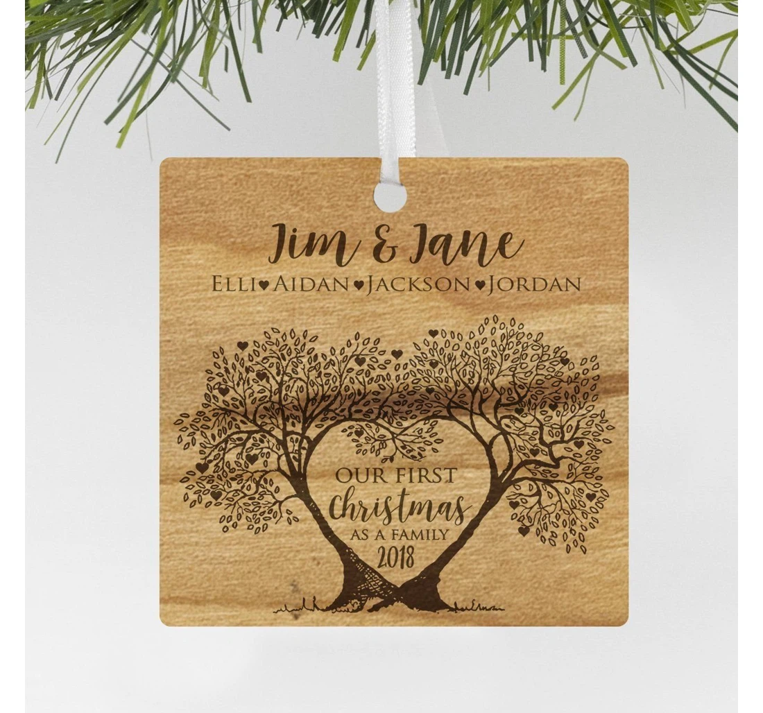 Custom Wood Family Tree Engraved Ornament, Engraved Family Wood Ornament