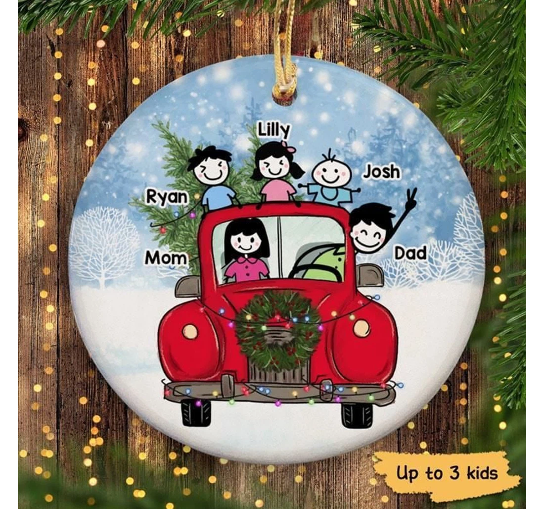 Stick Family In Truck Personalized Circle Ornament