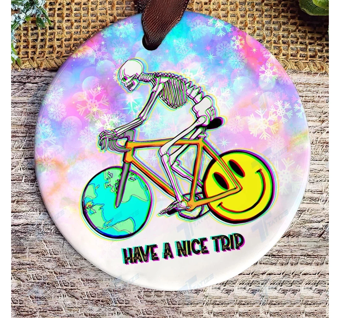 Personalized Bicycle Skull Have A Nice Trip Circle Ornament