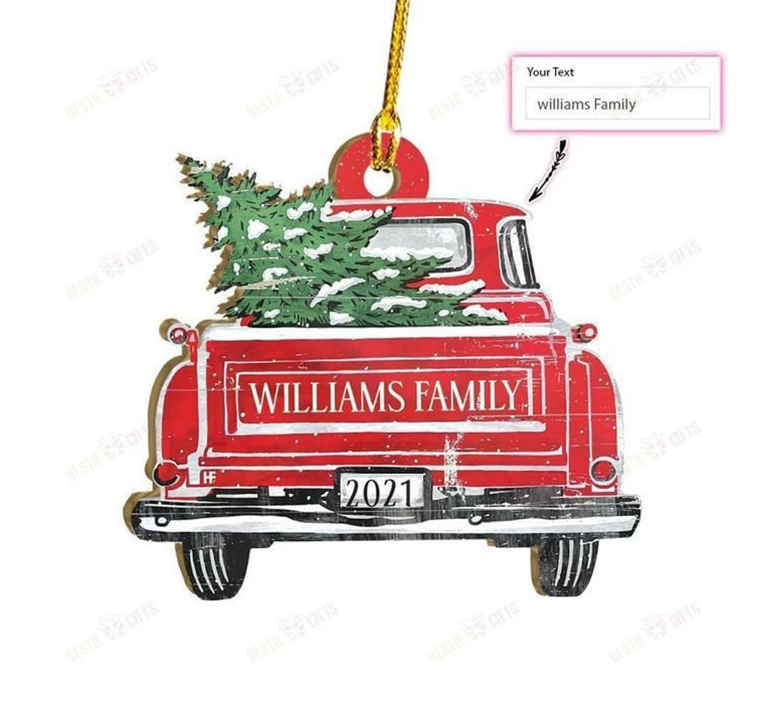 Red Truck Family Name With Christmas Tree Christmas Custom Ornament