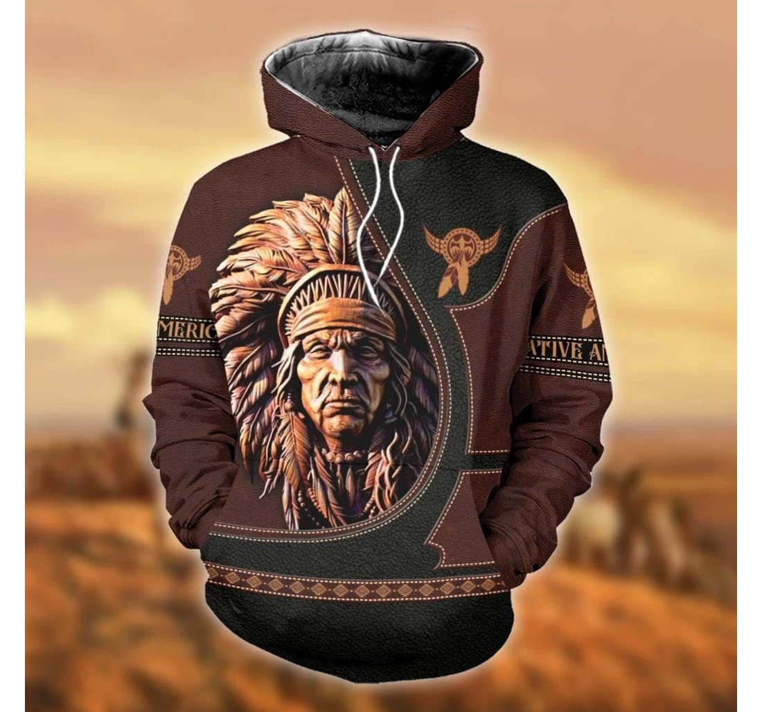 Personalized Amazing Native American Chief Brown Leather H - 3D Printed Pullover Hoodie