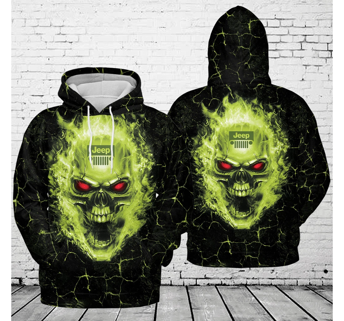 Personalized Green Flaming Skull Jp - 3D Printed Pullover Hoodie