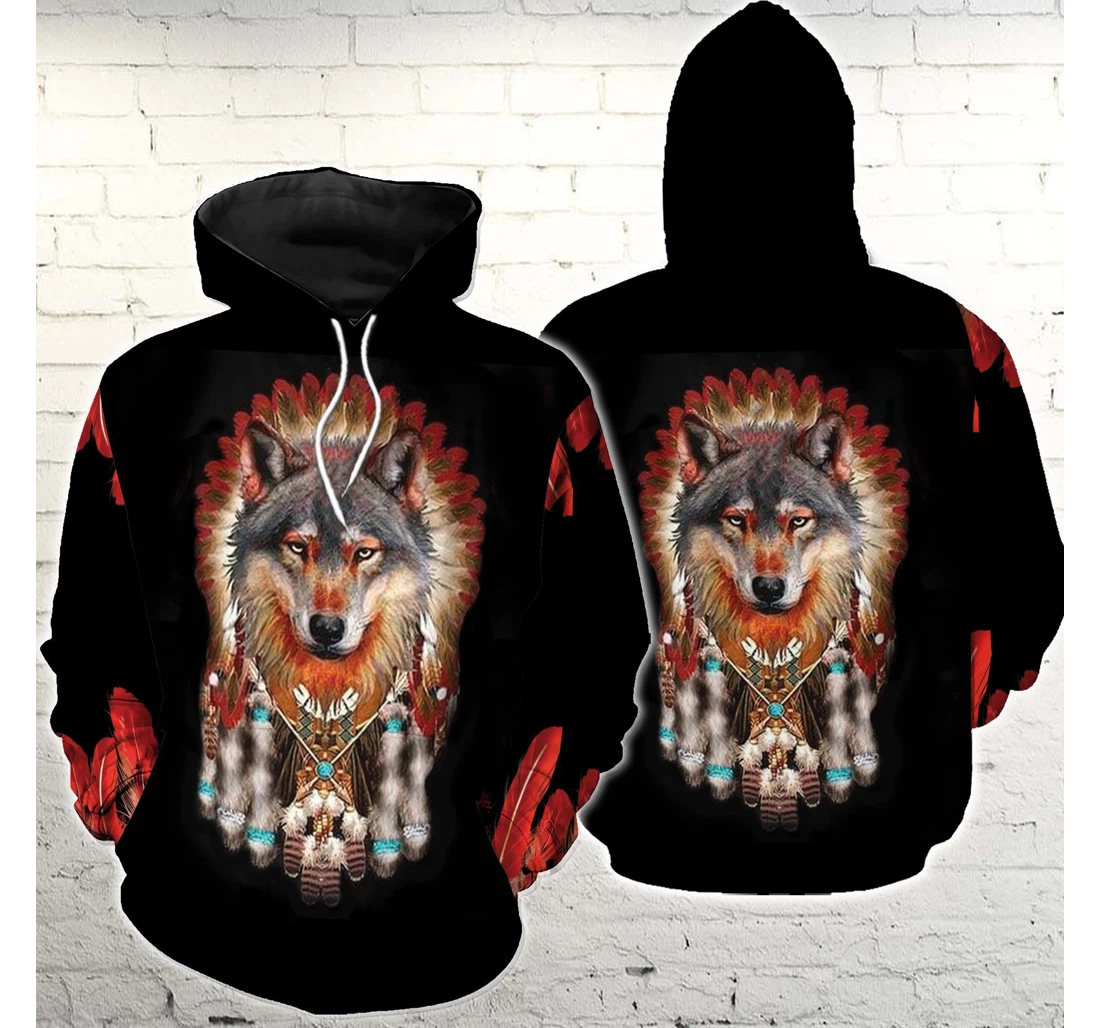 Personalized Native American Grey Red Wolf - 3D Printed Pullover Hoodie