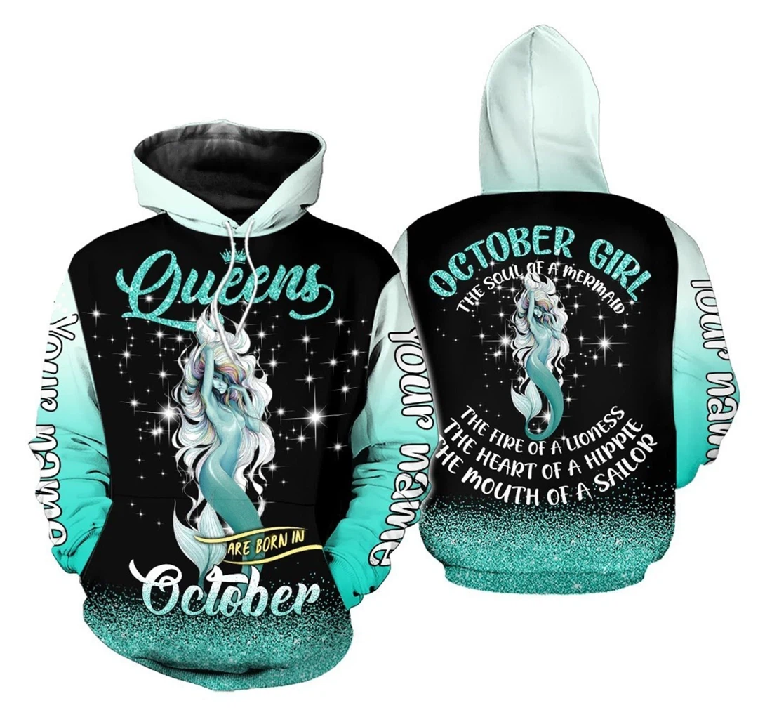 Personalized Queens Are Born In October Mermaid Custom Name Aop - 3D Printed Pullover Hoodie
