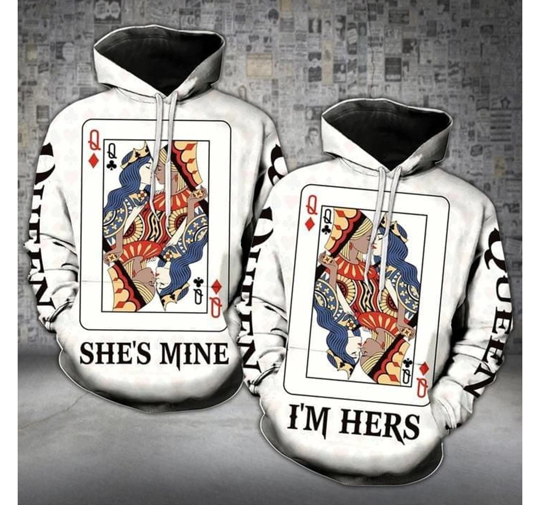 Personalized Couple Cards Queen She's Mine I'm Hers - 3D Printed Pullover Hoodie