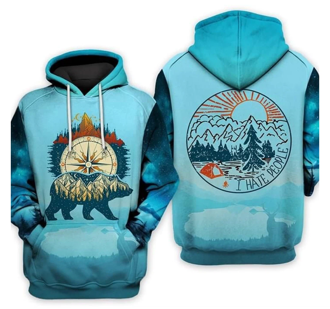 Personalized Forest Bear Compass I Hate People - 3D Printed Pullover Hoodie
