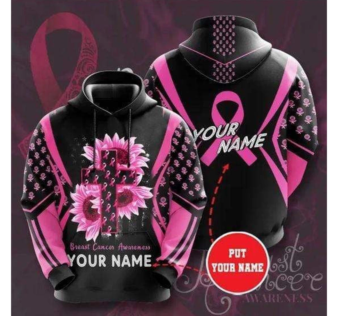 Personalized Breast Cancer Pink Flower Cross Custom Name - 3D Printed Pullover Hoodie