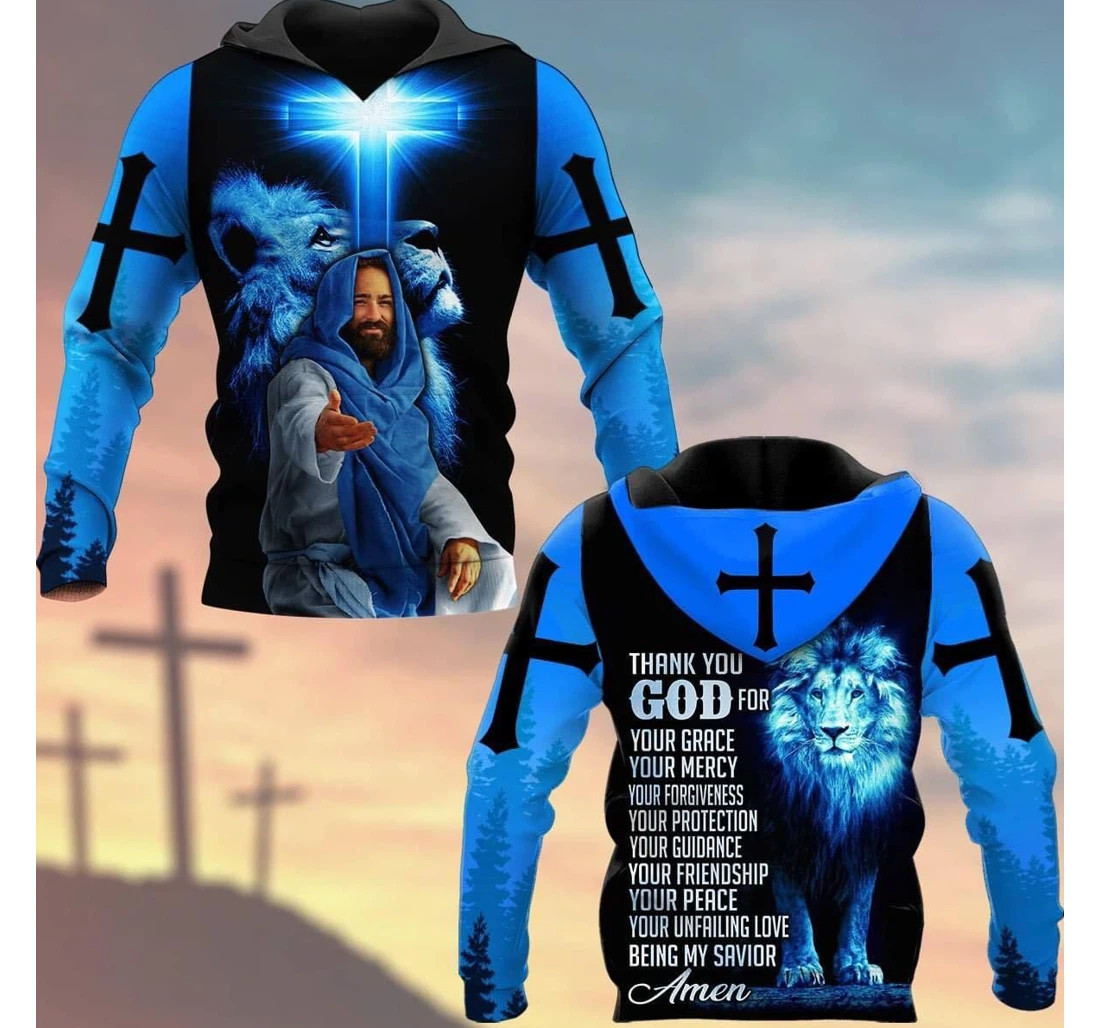 Personalized Thank You God Your Grace Lion Jesus Blue - 3D Printed Pullover Hoodie