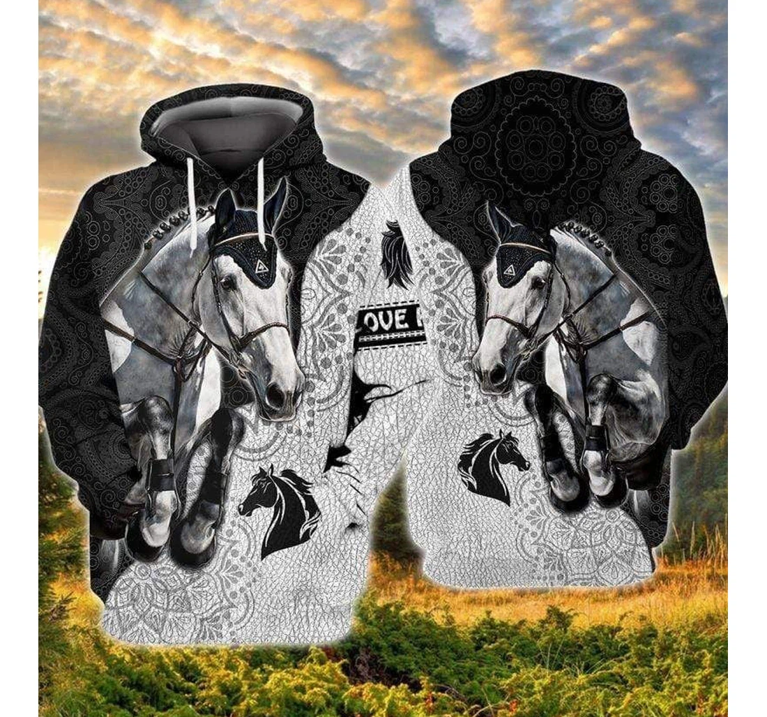 Personalized B W Horse Mandala Pattern - 3D Printed Pullover Hoodie