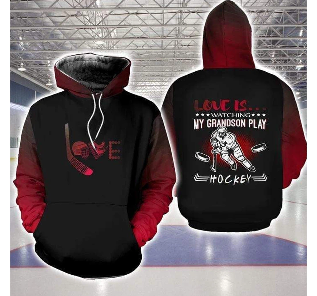 Personalized Love Is Watching My Grandson Play Hockey Red - 3D Printed Pullover Hoodie
