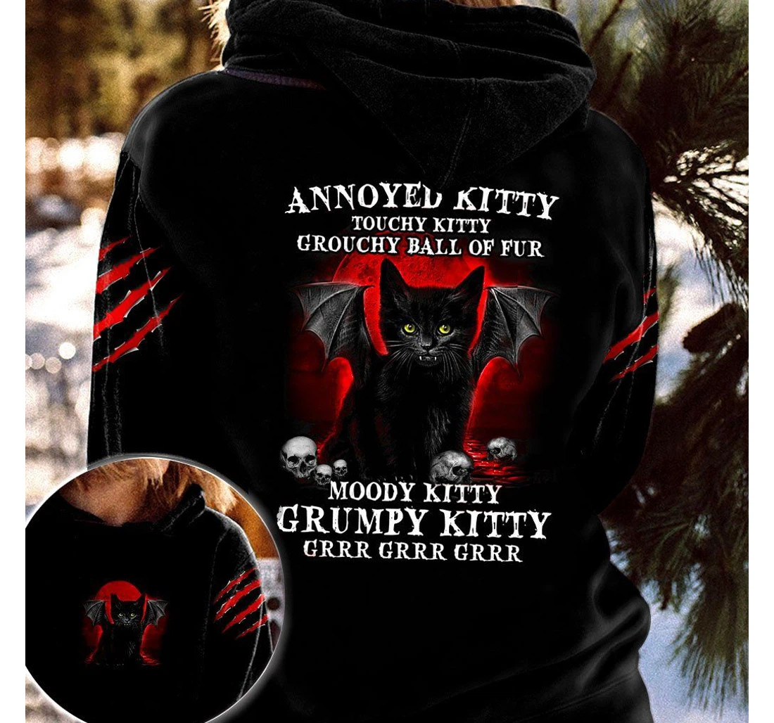Personalized Kitty Bat Annoyed Kitty Touch Kitty Grouch Ball Of Fur - 3D Printed Pullover Hoodie