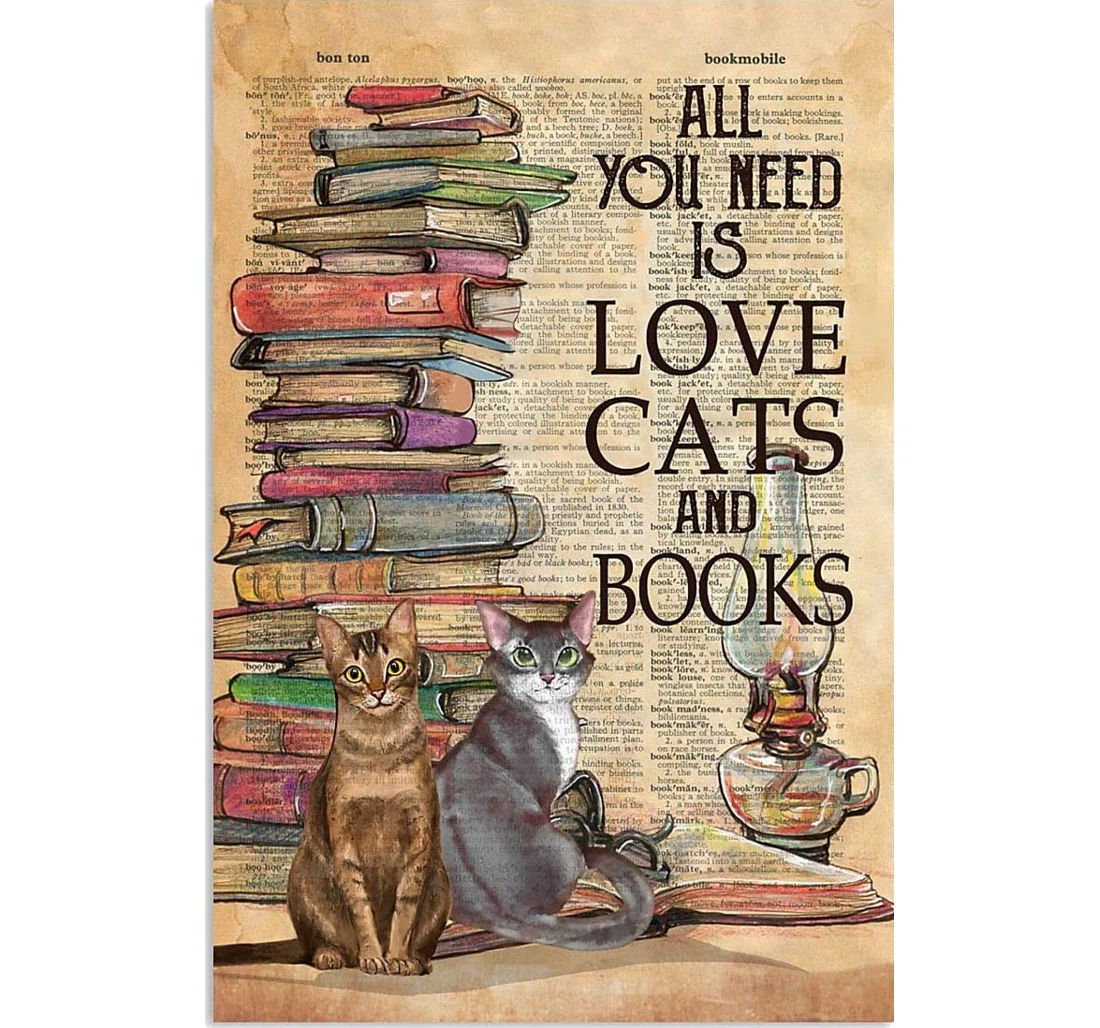 Personalized Poster, Canvas - All You Need Is Love Cats And Books Books And Cat Vintage Quotes Print Framed Wall Art