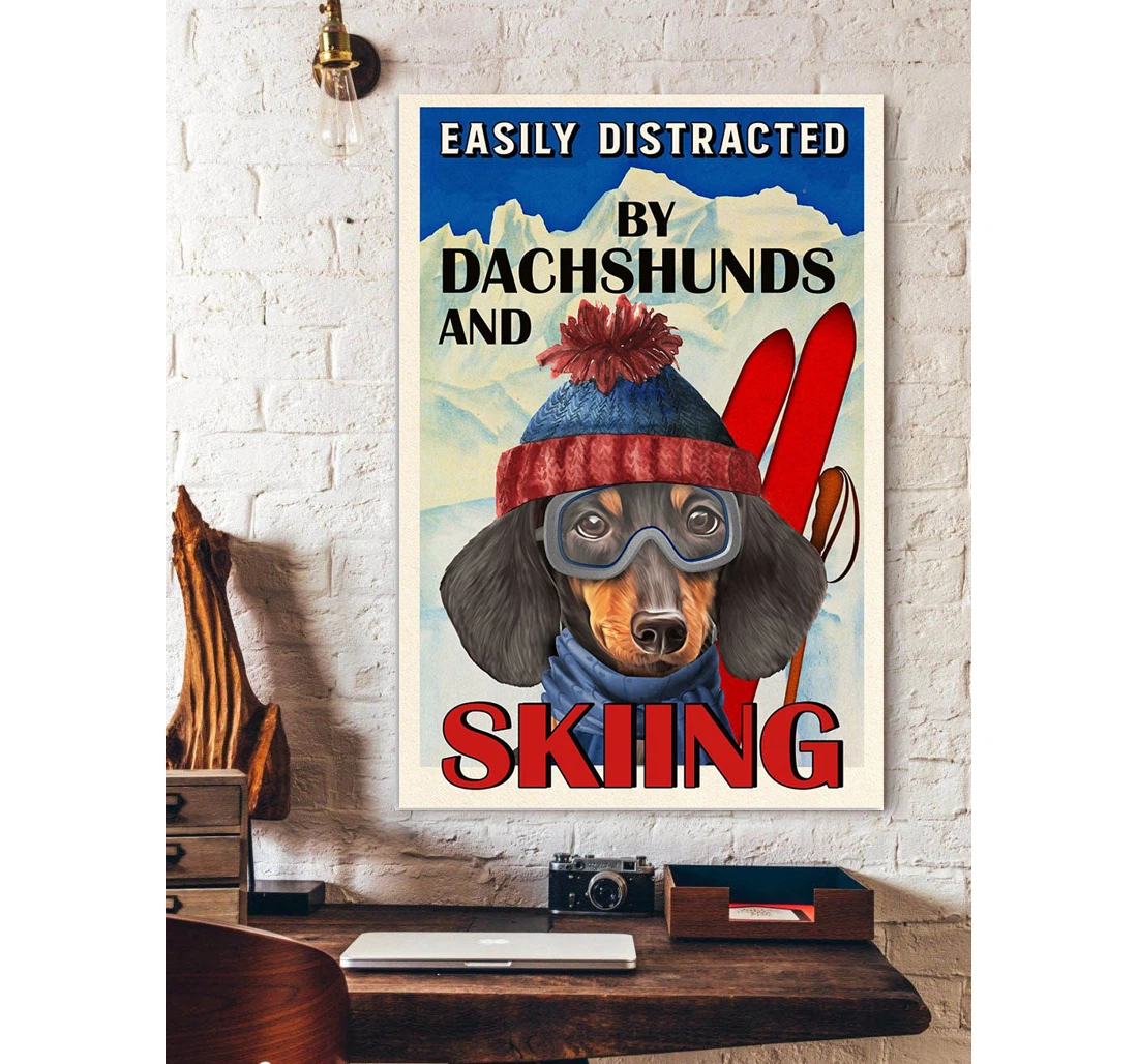 Personalized Poster, Canvas - Dachshund Wiener Skiing Vintage Print Framed Wall Art