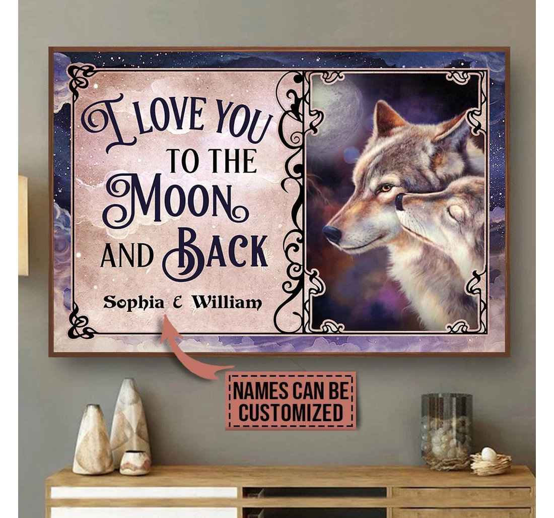 Poster, Canvas - Personalized Wolf Couple The Moon And Back Customized Print Framed Wall Art