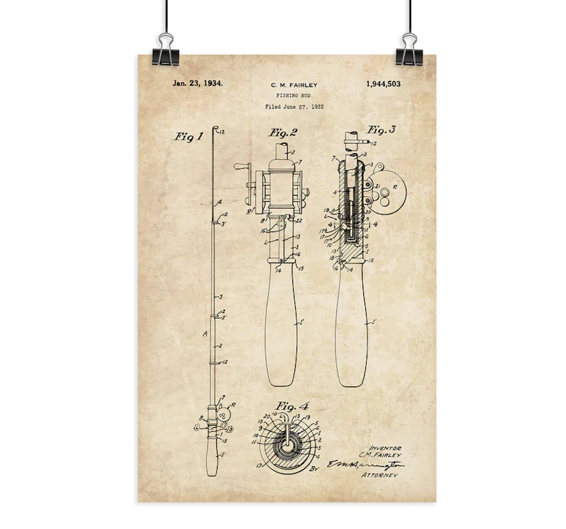 Personalized Poster, Canvas - Vintage Fishing Rod Patent Print Framed Wall Art