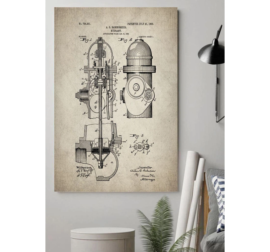 Personalized Poster, Canvas - Old Fire Hydrant Patent Vintage Print Framed Wall Art