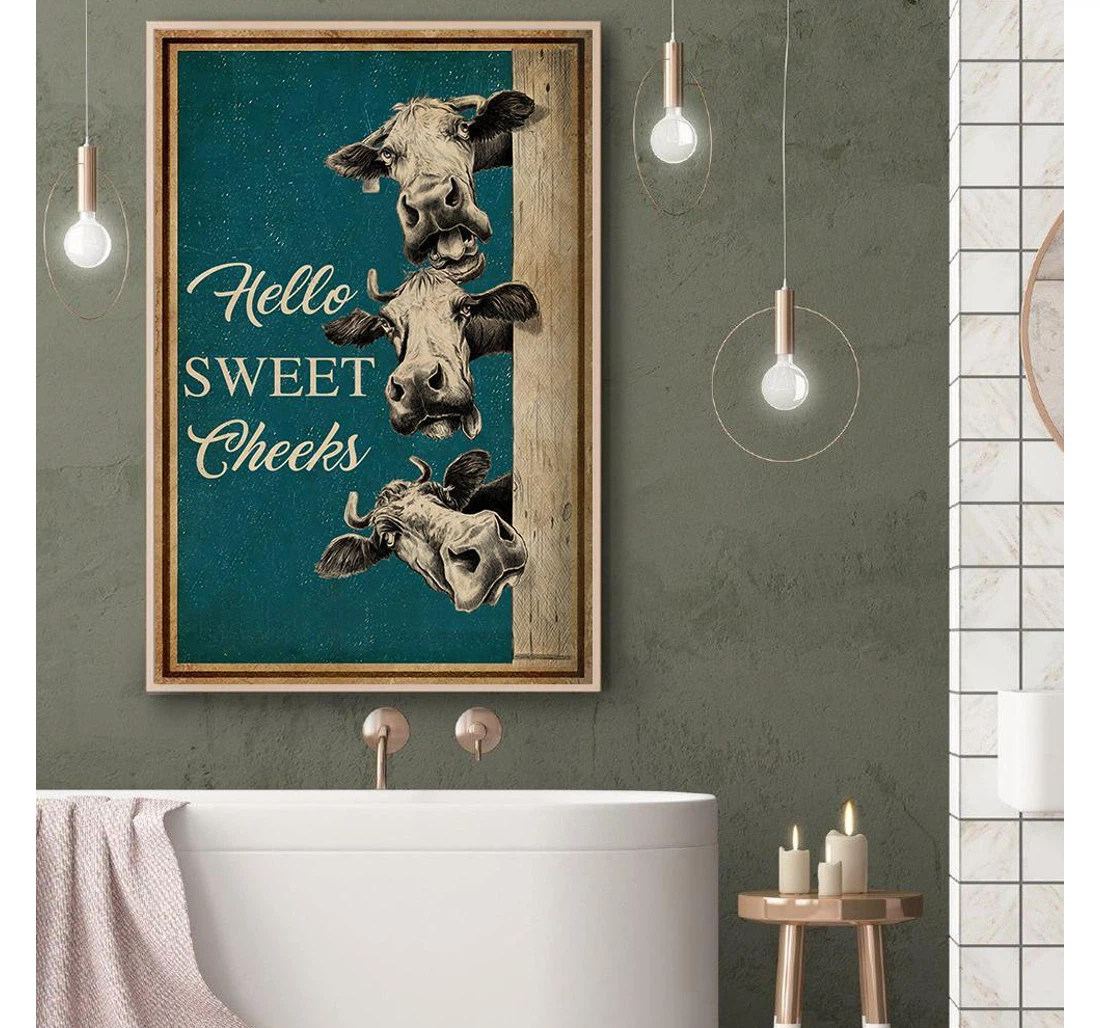 Poster, Canvas - Hello Sweet Cheeks Cow Restroom Customized Print Framed Wall Art