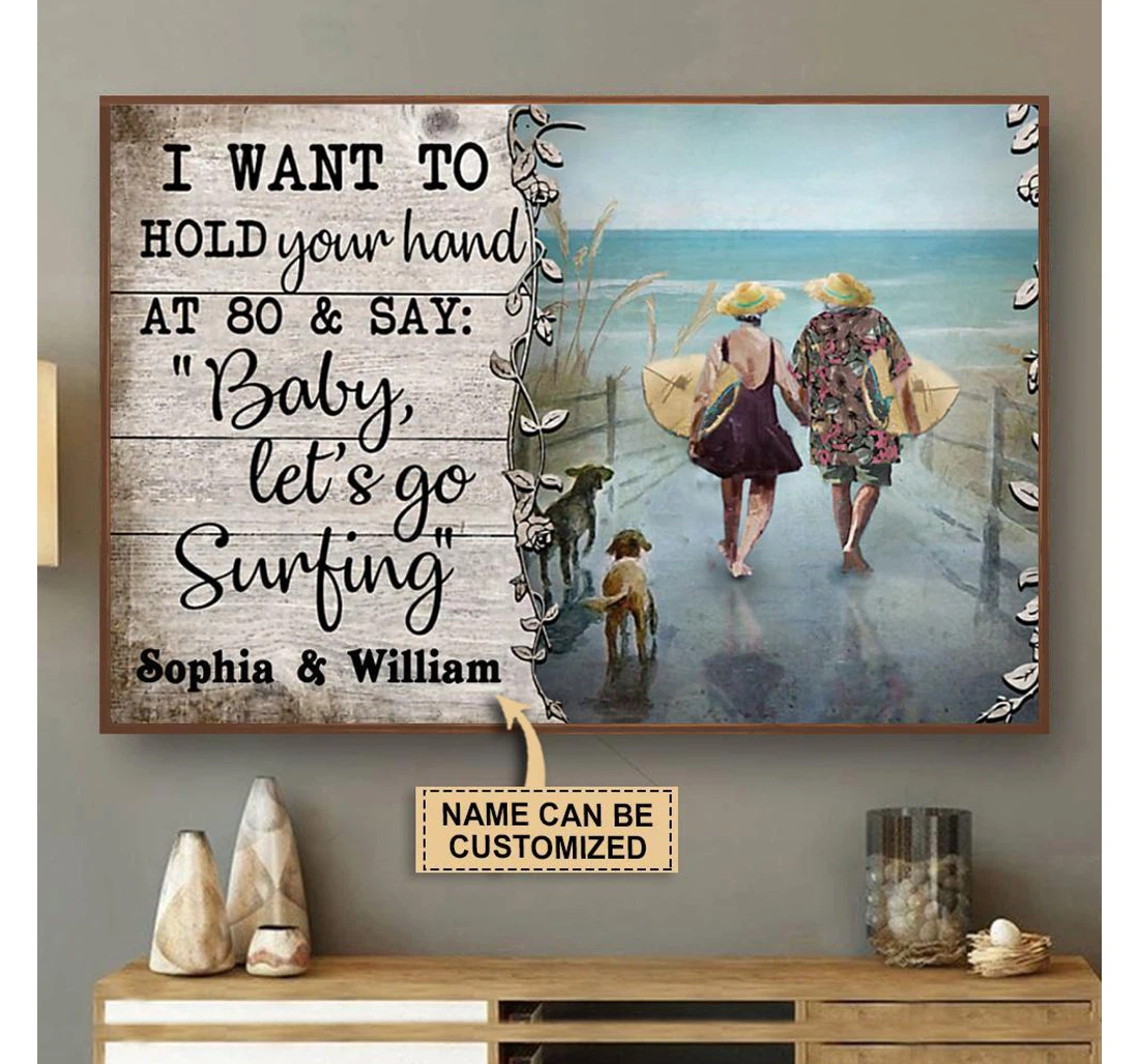 Poster, Canvas - Personalized Surfing I Want To Hold Your Hand Print Framed Wall Art