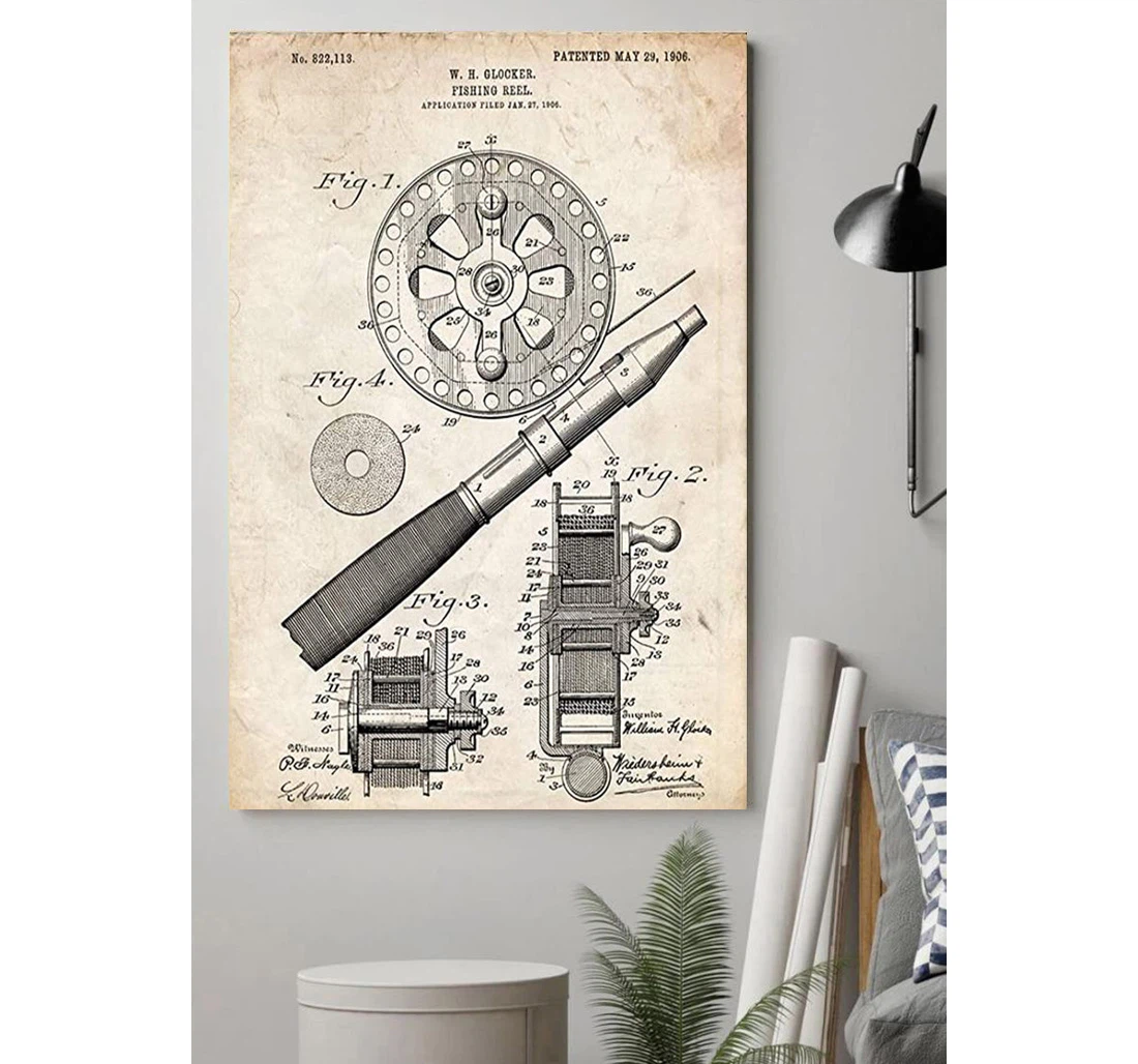 Personalized Poster, Canvas - Fishing Reel Patent Print Framed Wall Art