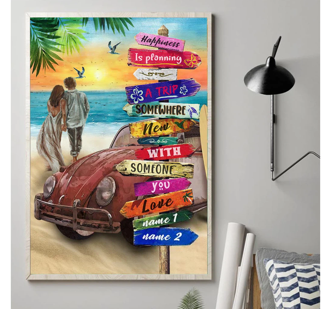 Poster, Canvas - Happiness Is Planning A Trip Somewhere New Bug Personalized Print Framed Wall Art