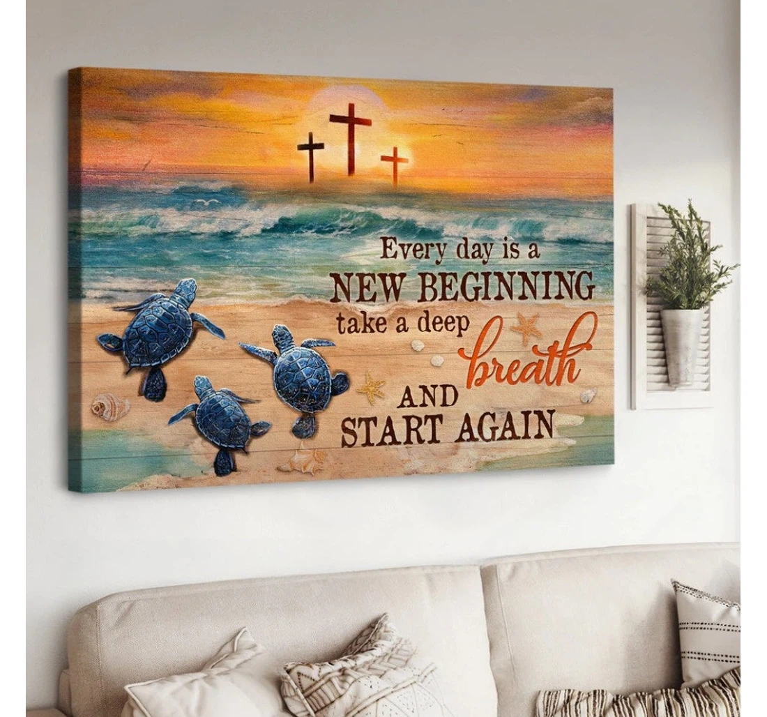 Personalized Poster, Canvas - Sea Turtle Pretty Sunset Deep Ocean Cross Every Day Is A New Beginning Matte Print Framed Wall Art