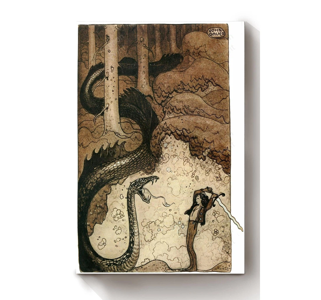 Personalized Poster, Canvas - He Gave The Dragon A Mighty Blow Fairy Tales Illustrations By John Bauer Print Framed Wall Art