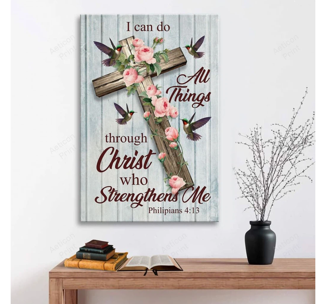 Personalized Poster, Canvas - Philippians 4 13 With Flower Cross Gallery Print Framed Wall Art