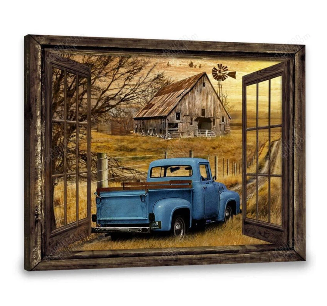 Personalized Poster, Canvas - Best Dads Old Blue Farm Truck Window Print Framed Wall Art