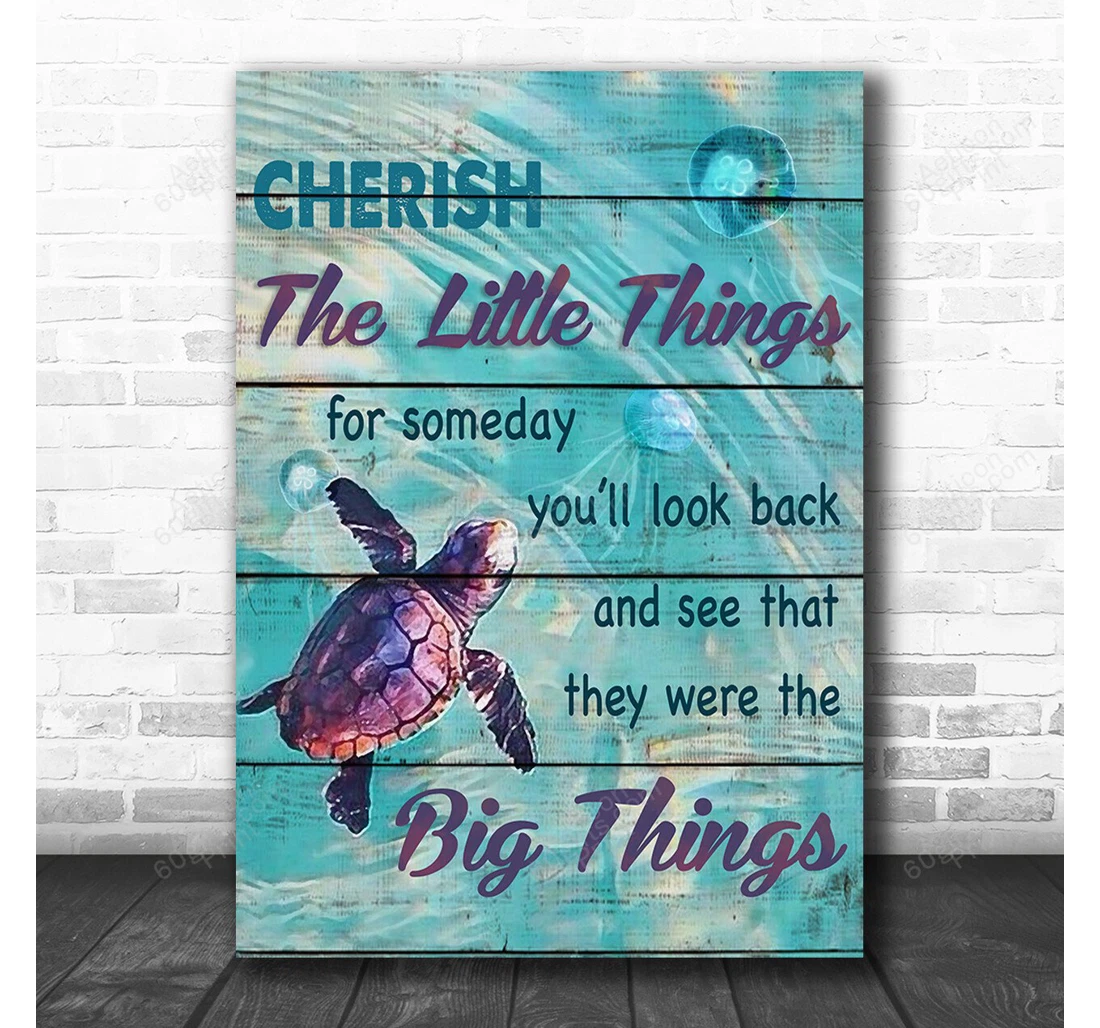 Personalized Poster, Canvas - Cherish The Little Things Turtle Coastal Print Framed Wall Art