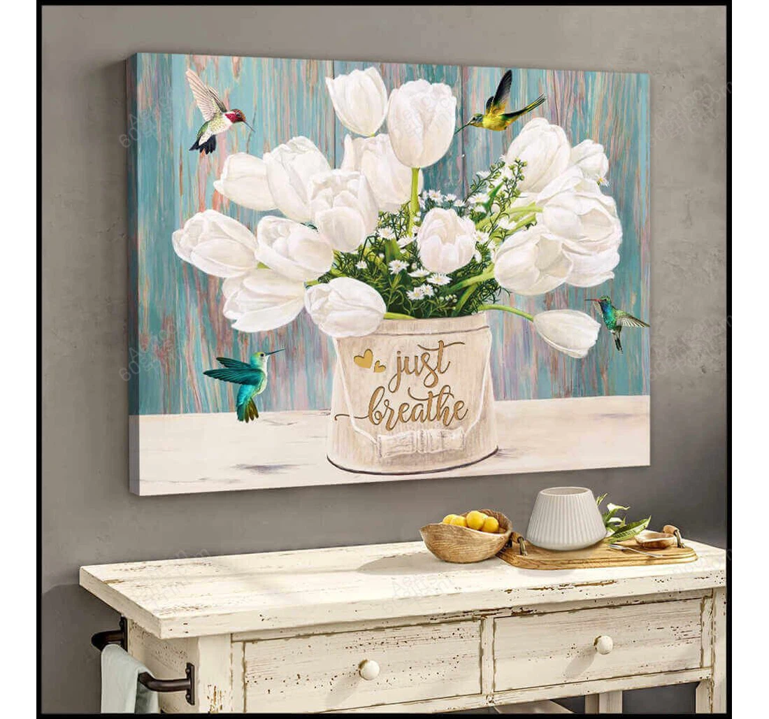 Personalized Poster, Canvas - Just Breathe Sympathy Hummingbird Floral Print Framed Wall Art