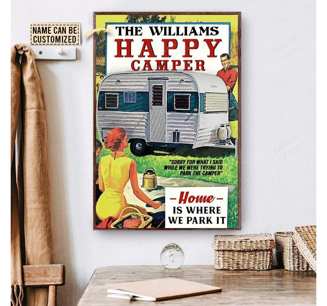Poster, Canvas - Personalized Camping Happy Camper Print Framed Wall Art