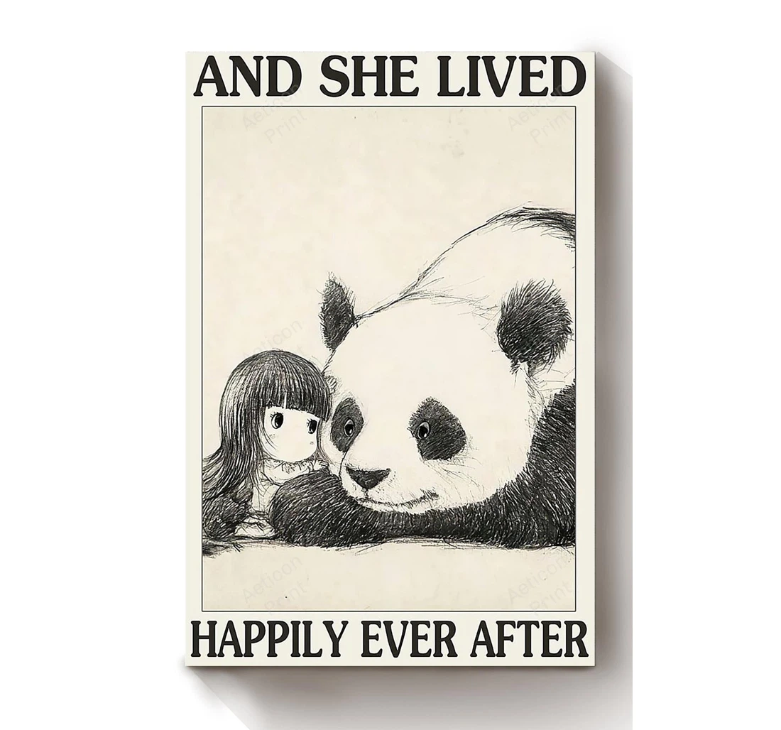 Personalized Poster, Canvas - Little Girl With Panda Lived Happily Ever After Chinese Panda Lover Print Framed Wall Art