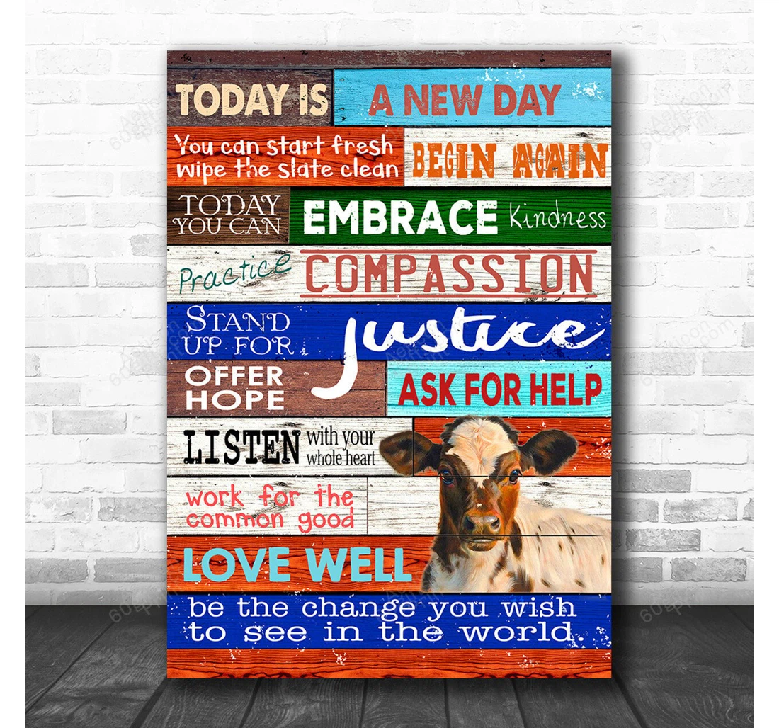 Personalized Poster, Canvas - Today Is A New Day Cow Print Framed Wall Art