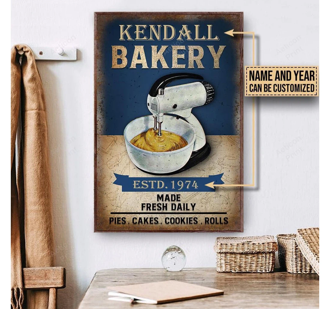 Poster, Canvas - Personalized Baking Blue Made Fresh Daily Print Framed Wall Art