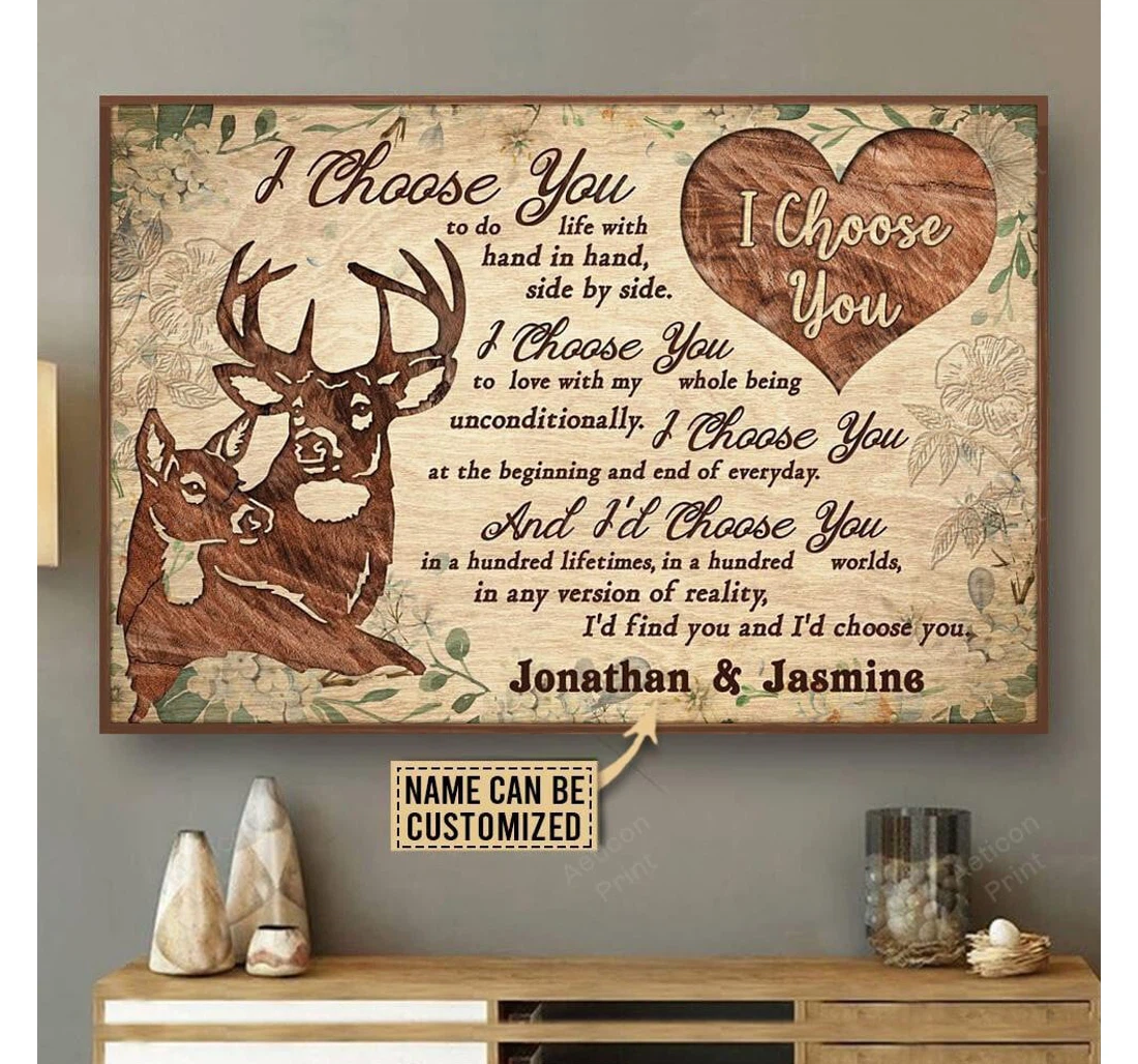 Poster, Canvas - Personalized Deer Floral Couple I Choose You Print Framed Wall Art