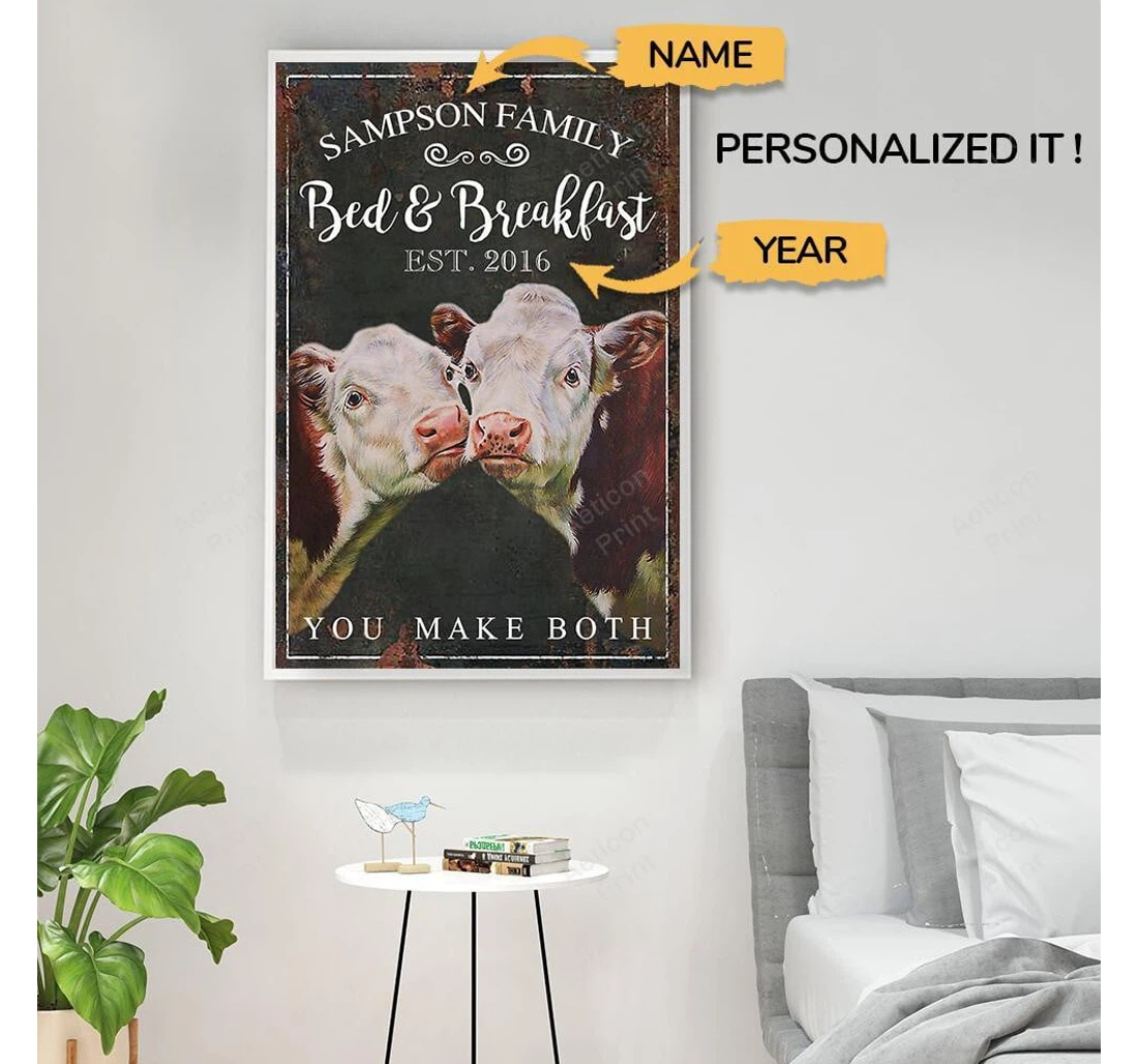 Poster, Canvas - Personalized Bed And Breakfast Hereford Cattle Custom Name Print Framed Wall Art