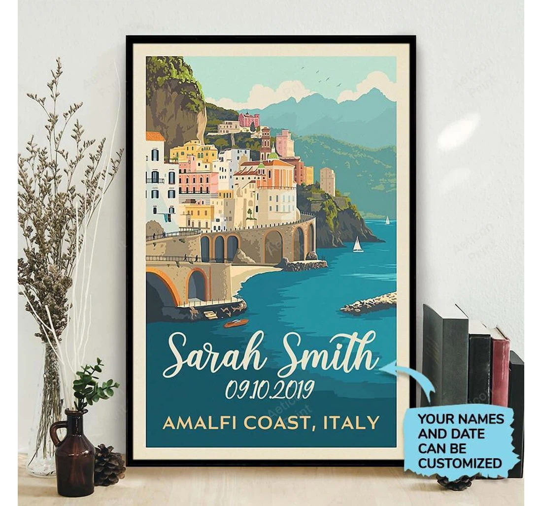 Poster, Canvas - Personalized Vintage Travel Amalfi Coast Italy Print Framed Wall Art