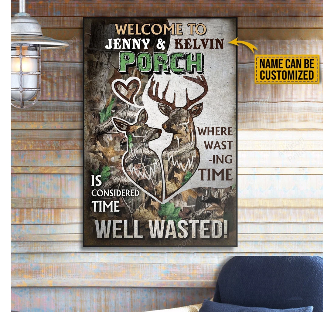 Poster, Canvas - Personalized Deer Couple Welcome To Porch Print Framed Wall Art