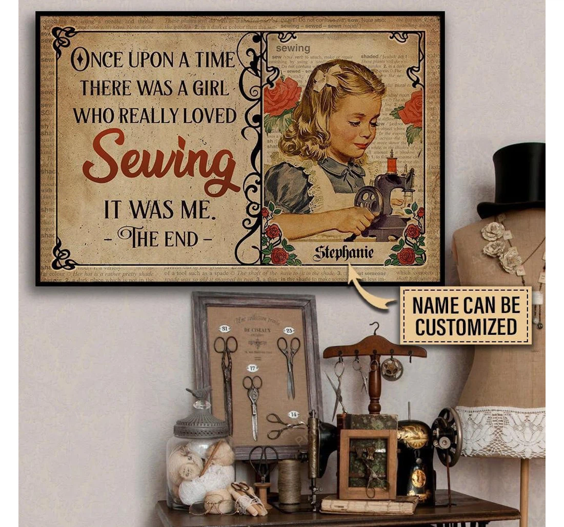 Poster, Canvas - Personalized Sewing Little Blonde Girl Once Upon A Time Print Framed Wall Art