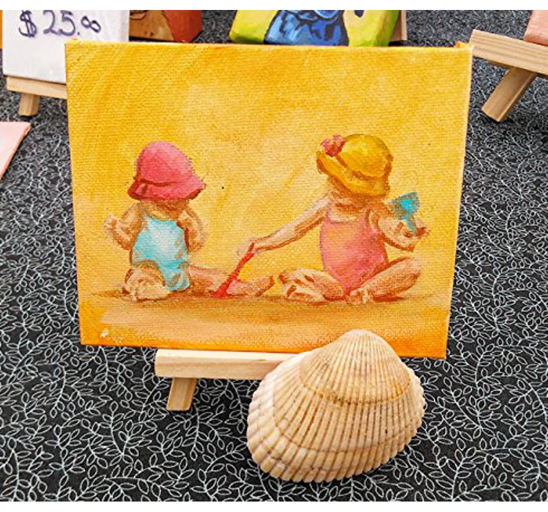 Personalized Poster, Canvas - Handpainted Beach Magnet Of Two Little Girls On Beach Mini Magnet Print Framed Wall Art